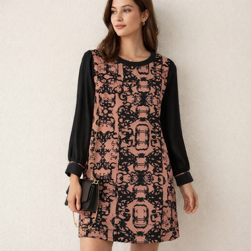 Addison Womens 100% Silk Shift Dress Large Long Sleeves Whimsigoth Neutral Chic